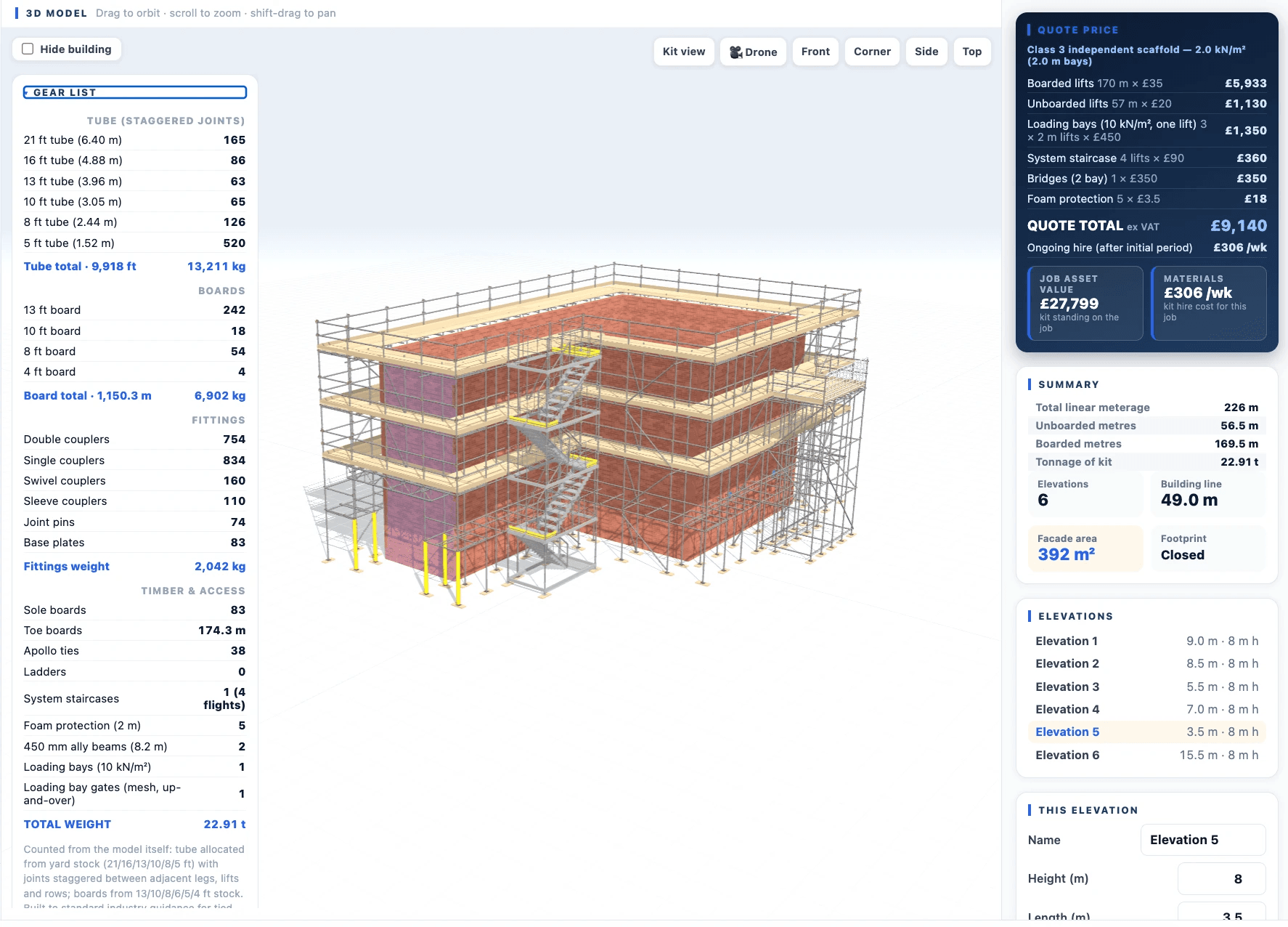 The 3D Quote Builder in use — a counted gear list on the left, the 3D scaffold model in the centre with a system staircase, and a live priced quote (£9,140) with summary and elevations on the right
