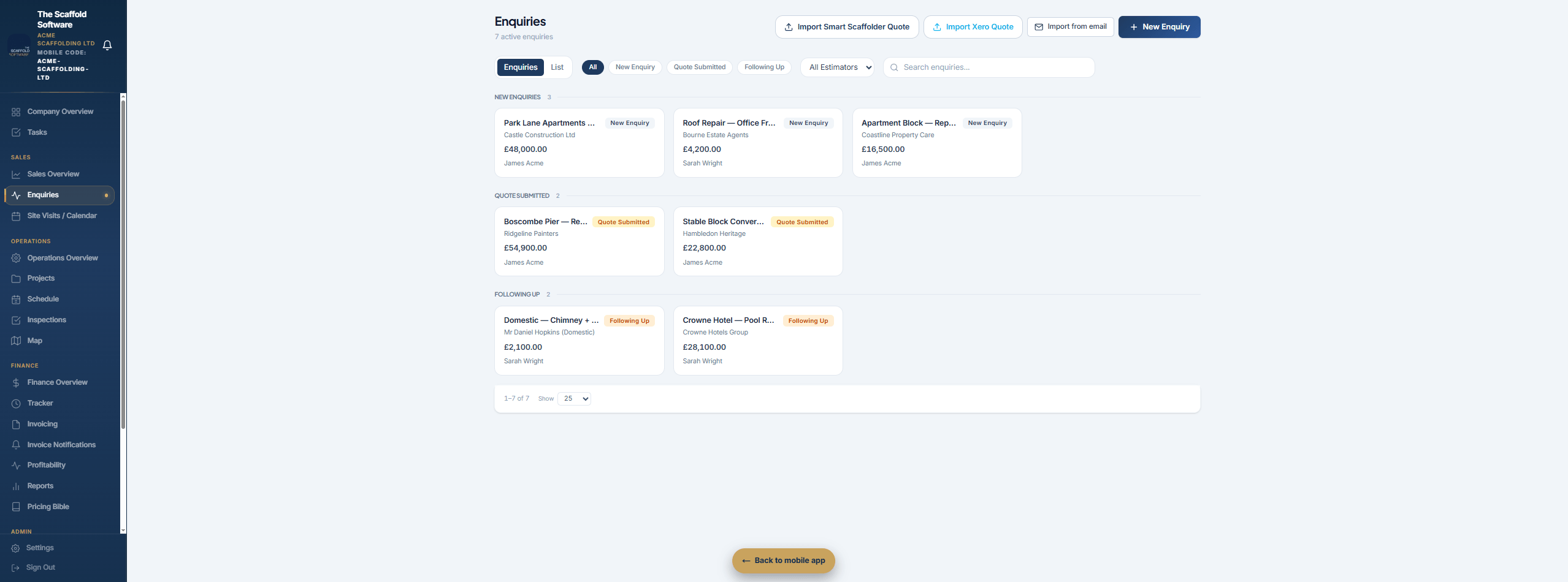 Enquiries pipeline view