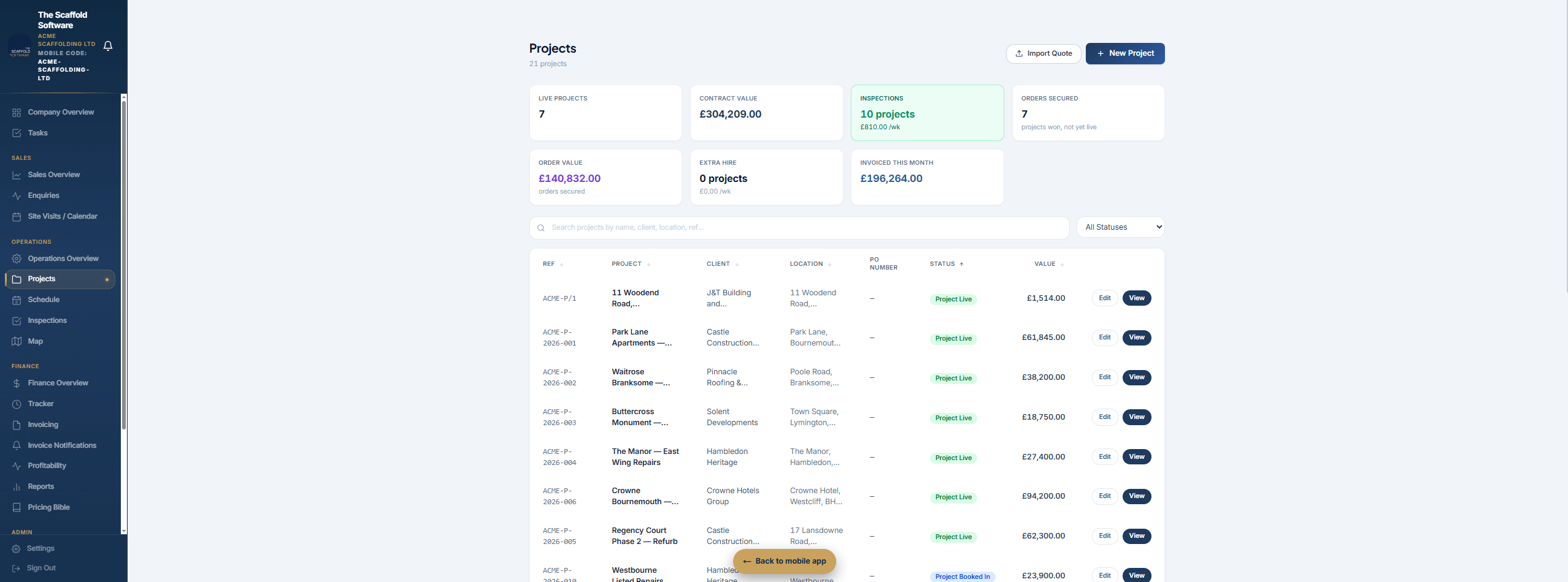 Scaffolding projects list — live jobs, contract value, inspections due, orders secured at a glance