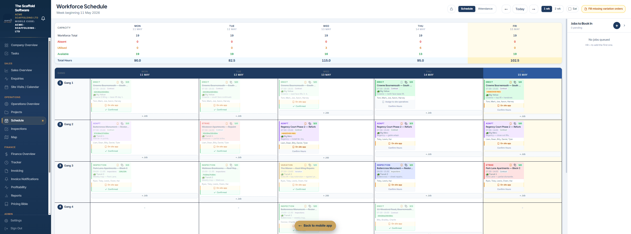 Weekly workforce schedule for a scaffolding company — six gangs across the week with colour-coded Erect, Adapt, Strike, Variation and Inspection jobs