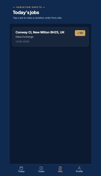 Variation order signed on site — extra hours captured with the client’s signature