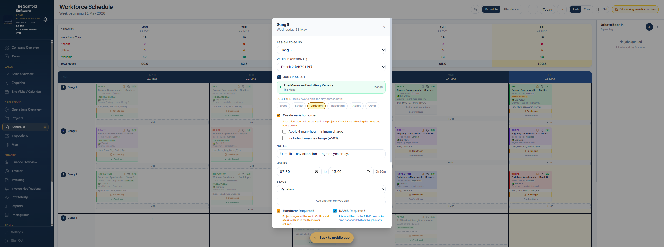 Schedule — capturing variations and day-works against an individual job